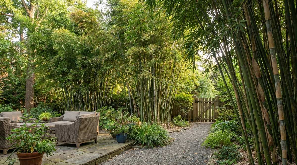A dense vertical screen of clumping bamboo varieties creating privacy and architectural interest in a cozy garden setting, with distinctive foliage and cane structure rustling in the breeze.