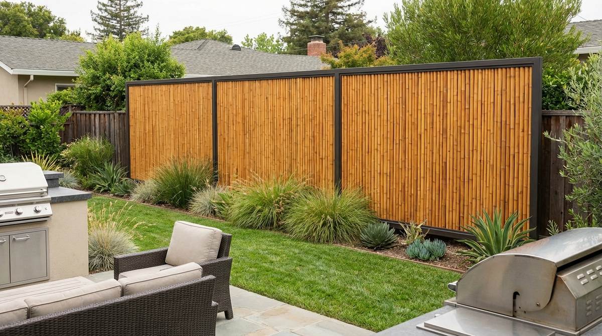 A contemporary garden fence featuring sustainably harvested bamboo panels mounted in minimalist steel frames, balancing organic texture with modern structure. The natural bamboo softens urban environments, resists decay, and is rapidly renewable, while steel frames prevent warping and provide crisp edges. This design includes clear UV-resistant sealing to preserve bamboo color, with vertical grain patterns complementing horizontal fence orientation.