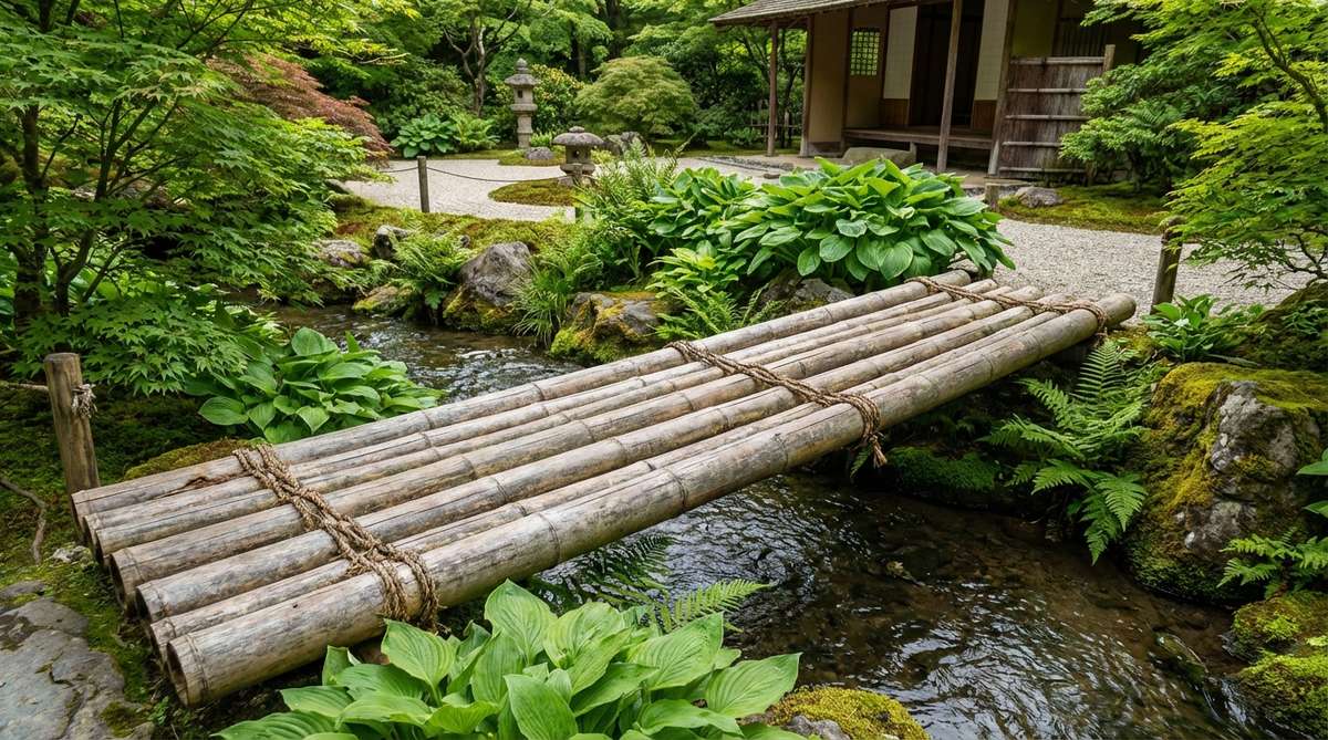 A traditional bamboo pole bridge constructed with rope lashing, featuring 8-10 bamboo culms bound together at regular intervals. This lightweight, flexible structure sways gently with movement and embodies wabi-sabi principles through its natural materials and impermanent design, ideal for tropical or Asian-inspired Zen gardens.