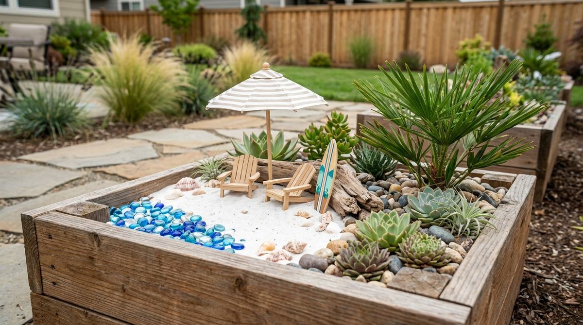 A miniature beach resort scene featuring white sand, shells, and tropical elements like a tiny umbrella, beach chairs, and a surfboard. Includes succulents or air plants, palm tree suggestions, and a water feature made from blue glass beads or a mirror. This whimsical, low-maintenance decor evokes vacation memories and provides a cheerful visual escape.