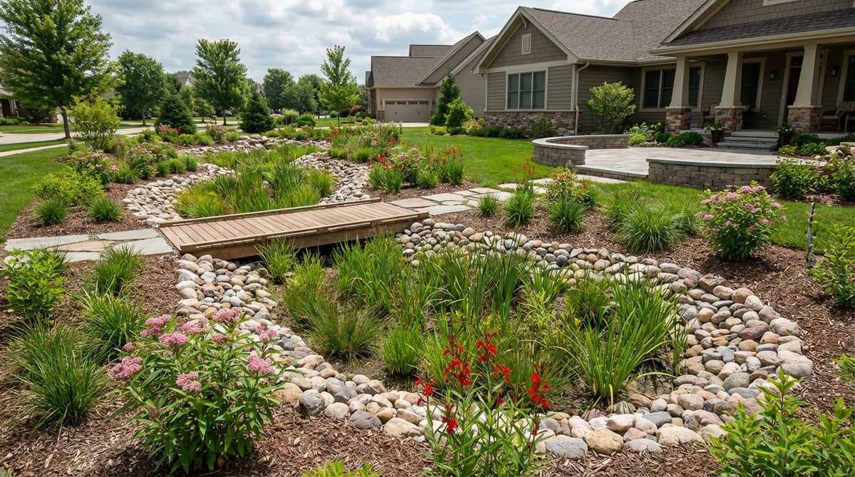 A contemporary bioswale rain garden designed to capture and filter stormwater runoff, featuring shallow depressions planted with native water-tolerant species like sedges and rushes to prevent erosion and recharge groundwater naturally.