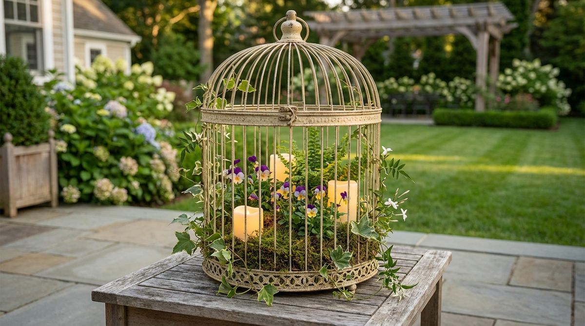 A vintage birdcage centerpiece filled with moss, flowers, and battery candles creates a glowing miniature garden for wedding decor. Vines thread through the cage bars for organic integration, with LED candles providing safe illumination that highlights the internal garden composition. This functional lighting combines with decorative elements in a single cohesive centerpiece that maintains an airy, see-through quality.
