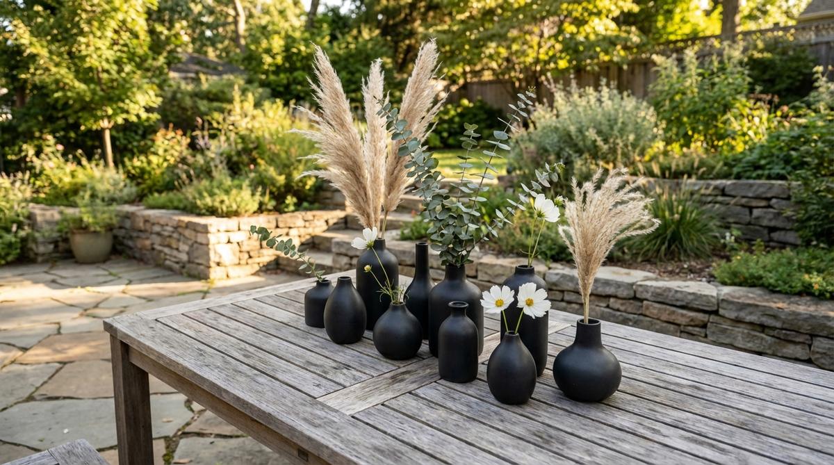 A collection of small black ceramic bud vases in varied heights and shapes arranged together, perfect for displaying single stems, dried grasses, or small branches in boho decor. The dark vessels create a unified, intentionally curated look when grouped on shelves, mantels, or dining tables.