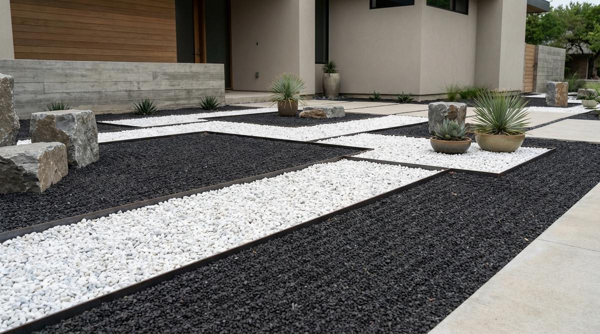 A contemporary zen garden design featuring alternating zones of black lava gravel and white marble chips, creating bold graphic patterns that emphasize geometric shapes and modern minimalism. The high contrast between materials enhances visual division, with metal edging strips preventing mixing during raking. This design complements modern architecture with strong horizontal lines and neutral color palettes, offering exceptional photographic contrast for design documentation.