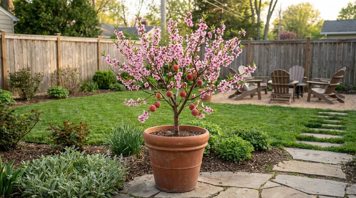 A compact Bonanza Patio Peach tree, a genetic dwarf variety growing 4–6 feet tall, with pink spring blossoms and full-size freestone fruit, ideal for small gardens or containers in zones 5–9.