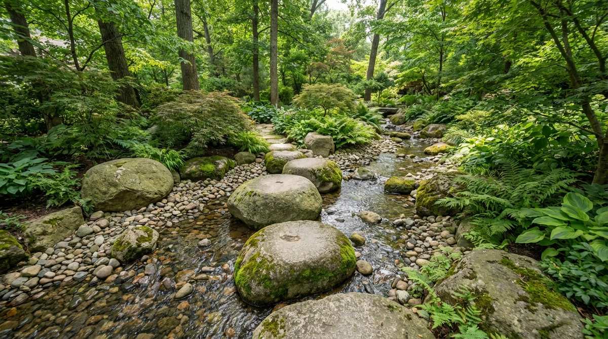 A naturalistic Japanese garden bridge featuring rounded boulders embedded in a streambed, serving as informal stepping stones for crossing. The boulders, 18-30 inches in diameter with flat tops, are partially buried for stability, creating a wild and engaging pathway that challenges balance and coordination in a garden setting.