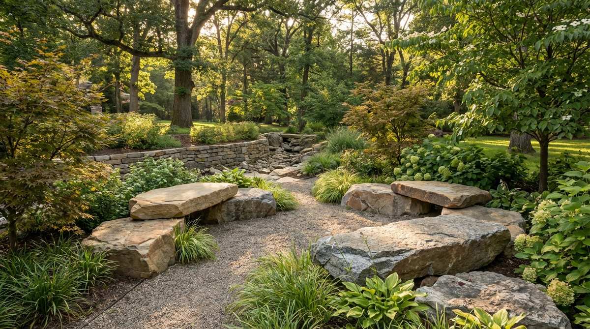 A natural stone garden feature showing flat-topped boulders arranged as seating along a pathway, demonstrating how stone provides functional seating without constructed furniture in outdoor spaces.