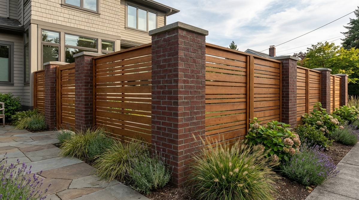 A modern garden fence featuring brick columns supporting horizontal wood slat infill sections, creating a mixed-texture boundary with estate-quality appearance. The design combines the permanence of brick with the economic flexibility of wood, suitable for cohesive integration with existing architectural elements.