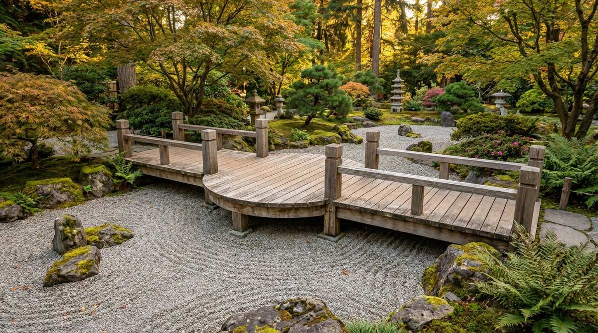 A wooden bridge in a Japanese garden with a widened center section designed for pausing, spanning over a dry landscape feature. The elevated viewpoint transforms garden elements into fresh visual compositions.