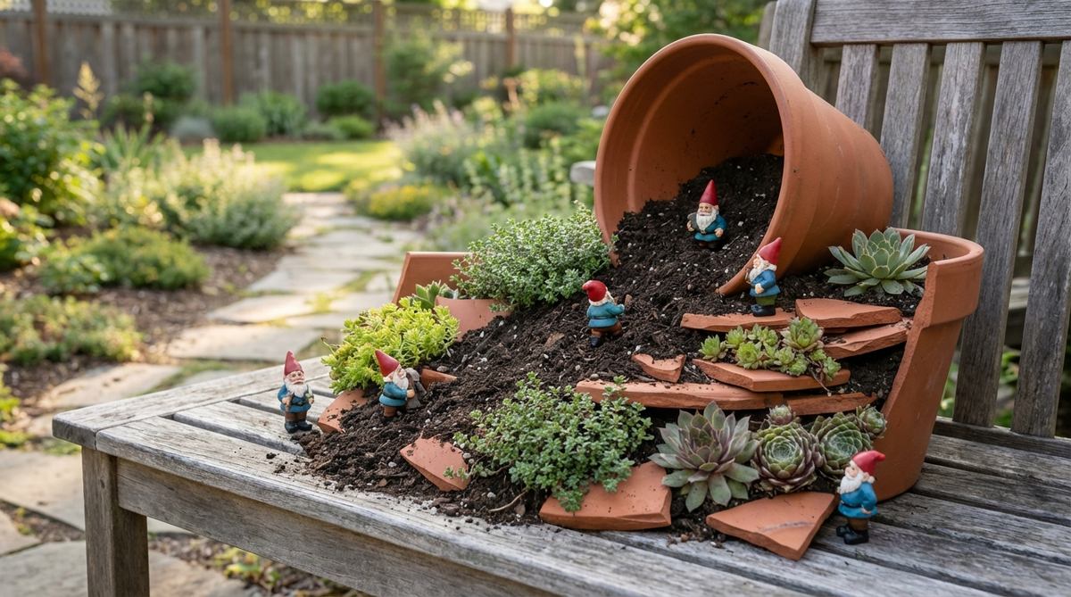 A creative mini garden featuring a cracked terracotta pot laid on its side with soil spilling out, forming a dramatic hillside for climbing gnomes. The design includes stacked shards as terraces with creeping groundcovers and small succulents, positioned to create depth and a story-rich, wild aesthetic. This eco-friendly layout repurposes broken containers into a focal point ideal for photography and social sharing.