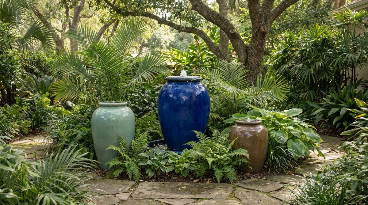 A large glazed ceramic urn in bold cobalt blue or celadon green, bubbling with water, serving as a vertical focal point in a compact tropical garden space. This self-contained feature requires minimal maintenance and can be clustered with two other urns of varying heights for dynamic visual interest.