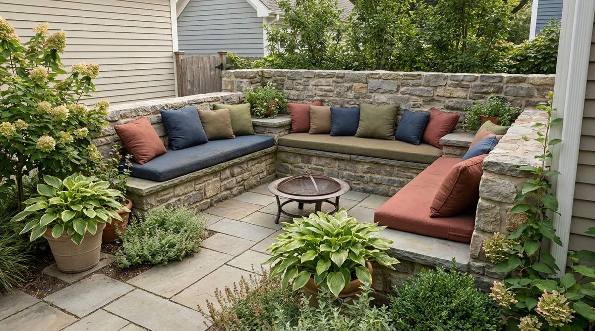 Stone built-in bench seating integrated into courtyard walls with colorful cushions, demonstrating space-saving permanent seating in a small garden courtyard design.