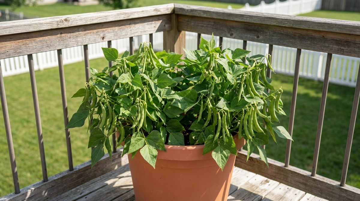 A close-up photo of healthy bush bean plants growing in a container on a balcony, showcasing their compact size and green pods ready for harvest, ideal for small-space gardening.