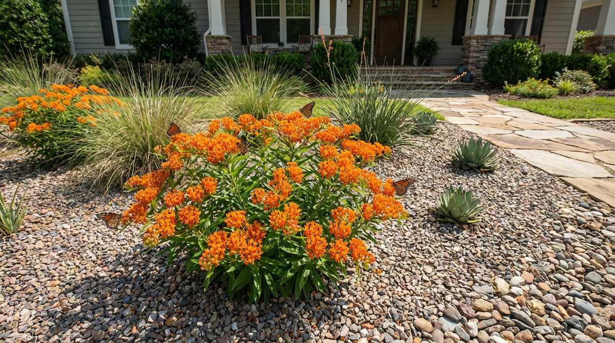 A vibrant cluster of Asclepias tuberosa (butterfly milkweed) with brilliant orange flower blooms in a gravel garden bed, showcasing essential monarch butterfly habitat and drought-tolerant planting for sustainable landscaping.
