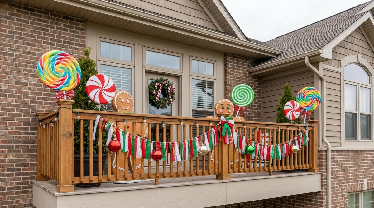 Whimsical balcony decor with oversized candy decorations like lollipops, peppermints, and gingerbread figures, featuring bright colors and playful elements for a family-friendly Christmas theme.