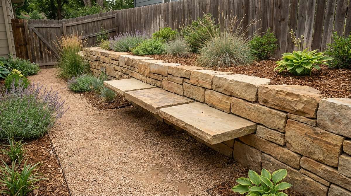 A stone garden bench with cantilevered seating slabs projecting from a retaining wall, appearing to float without visible support. This space-efficient design is ideal for narrow side yards and compact urban gardens, creating visual lightness despite the inherent mass of the stone.