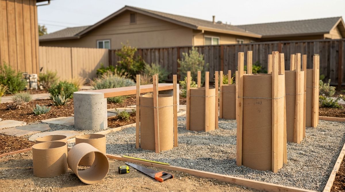 A modern garden bench construction technique using cardboard tube forms (sono-tubes) to create circular concrete legs. The image shows tubes being vertically braced with stakes before concrete pouring, with handsaw-cut tubes ready for installation. This system produces smooth concrete columns without requiring woodworking skills, suitable for 10-inch and 12-inch diameter bench scales.