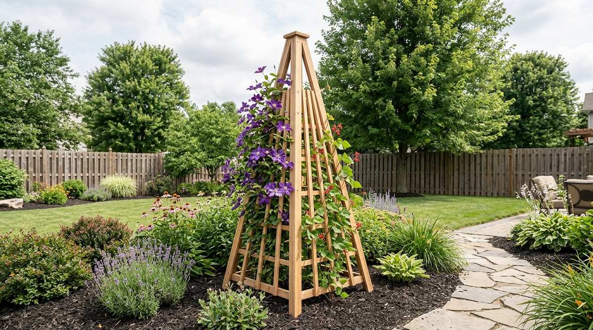A pyramid-shaped cedar obelisk trellis supporting climbing plants like clematis or beans in a garden setting, showcasing its elegant vertical structure and open design for air circulation.