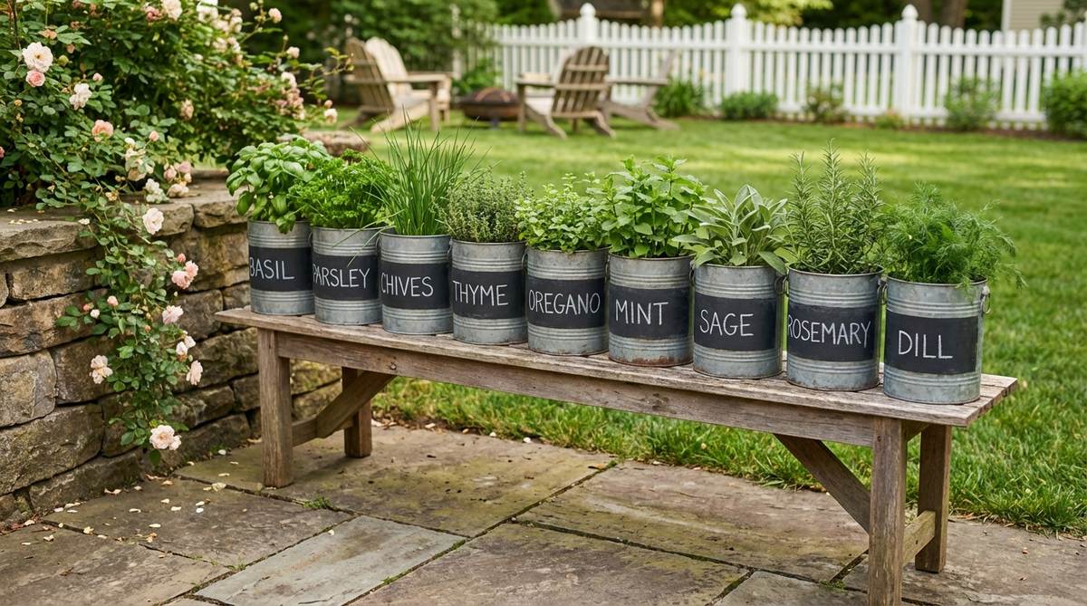 A row of identical tins with dark chalkboard bands and hand-lettered labels displaying herbs like basil, parsley, and chives in a graphic, café-style mini garden display.