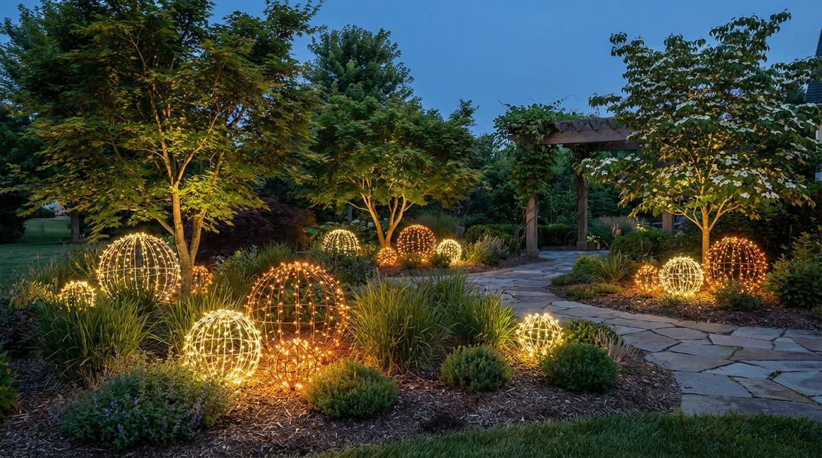 Wire frame spheres wrapped with LED strings create floating orbs of light in garden beds, varying in size from 12 to 36 inches in diameter. They are clustered beneath outdoor decor trees to establish visual hierarchy and add animation with twinkling and steady-burn LEDs.