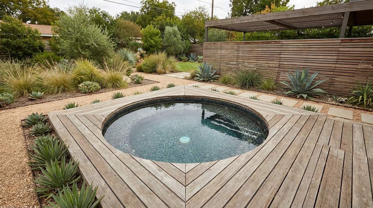 A round soaking pool or spa in a mid-century modern garden, featuring dark tile or pebble aggregate interior, surrounded by wooden decking in geometric patterns, with a diameter of 6-8 feet for intimate gatherings and curvilinear contrast against geometric garden elements.