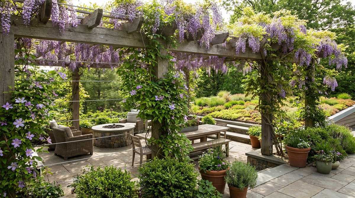 A lush green roof pergola covered in climbing vines like wisteria or clematis, providing natural shade and seasonal interest in a terrace garden design. The structure features cable systems for vine guidance and demonstrates the cooling benefits of evapotranspiration.