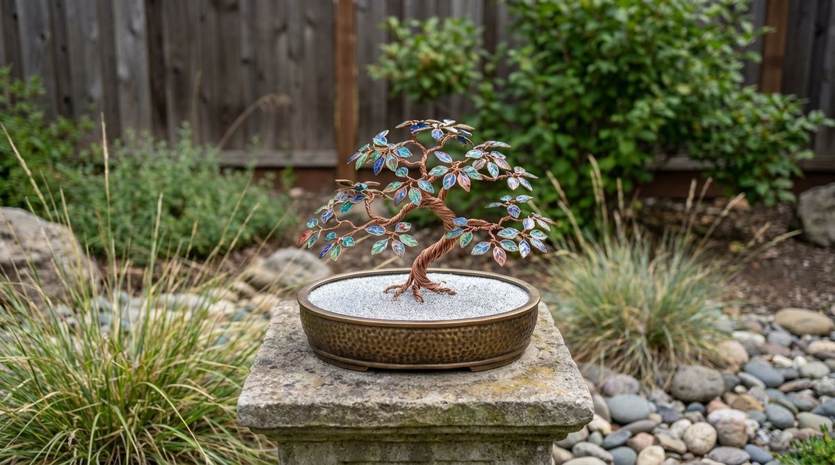 A miniature cloisonne bonsai tree with copper wire trunk and vibrant enamel leaves stands in fine silver sand. This 9x6-inch garden merges Chinese enamel craft with Japanese zen traditions, featuring intricate color gradations achieved through multiple kiln firings. Prized by collectors of Asian decorative arts.