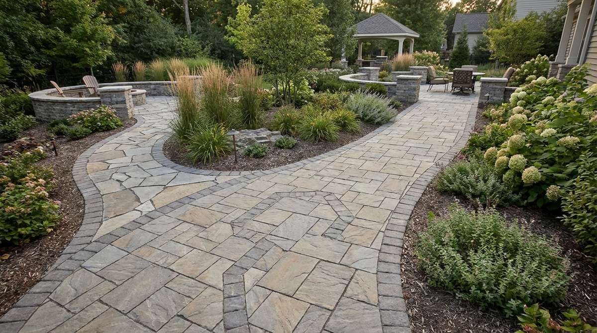 A sophisticated stone garden pathway featuring multiple connected curves flowing in different directions, creating a dynamic and artistic walkway that reveals new garden vistas at each turn. This gallery-quality landscape feature showcases premium stone materials and expert craftsmanship in a complex geometric pattern that naturally integrates multiple viewing points along a single journey.