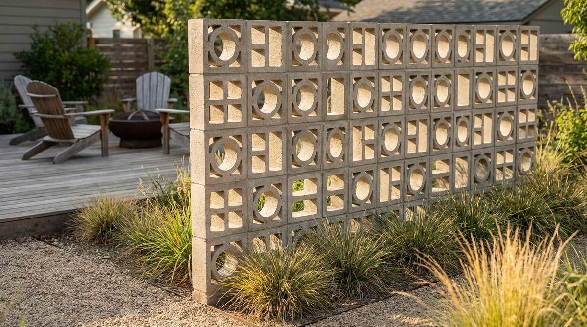 A contemporary garden privacy screen constructed from decorative concrete blocks arranged in geometric patterns with angular and circular voids. The semi-transparent design allows light to filter through while maintaining privacy, showcasing a running bond or stacked layout suitable for modern outdoor spaces.