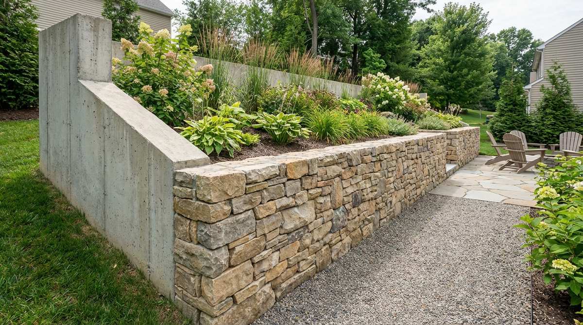 A stone garden wall with a concrete core, showing the structural concrete base and the natural stone face mortared to the exterior, including metal ties for mechanical bonding, ideal for engineered walls supporting driveways or structures.