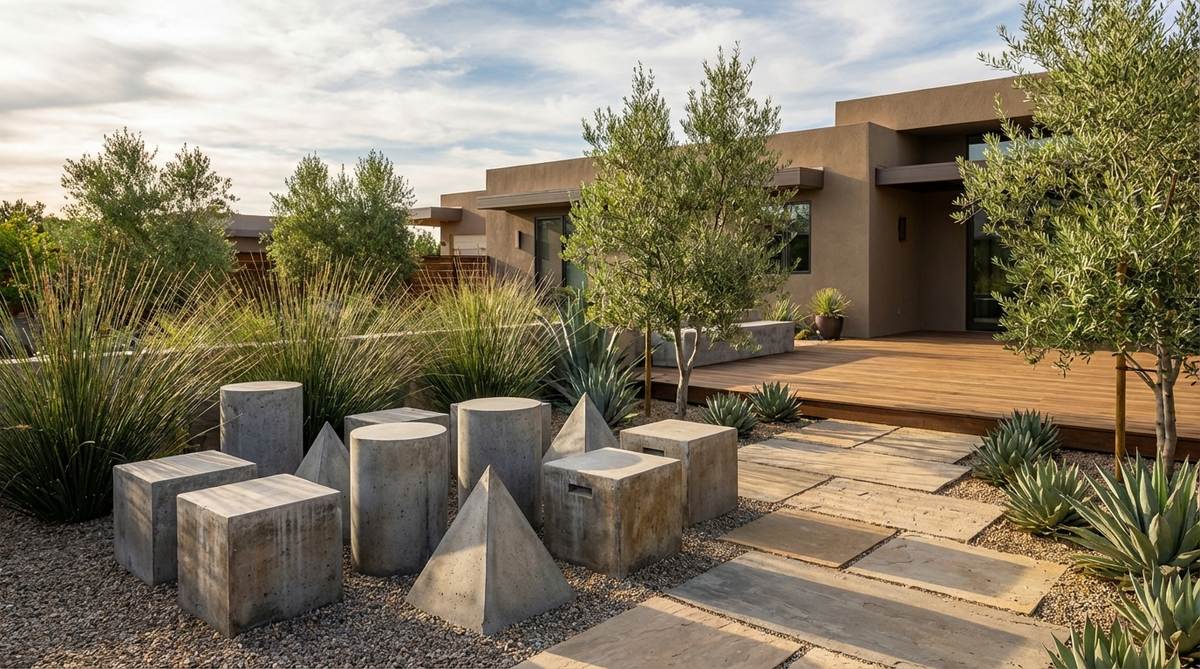 Modern garden decor featuring groups of cast concrete geometric shapes including cubes, cylinders, and pyramids arranged in sculptural clusters. These three-dimensional compositions create visual rhythm through repetition and variation of forms and heights. Perfect as seating alternatives or art objects for contemporary outdoor spaces.