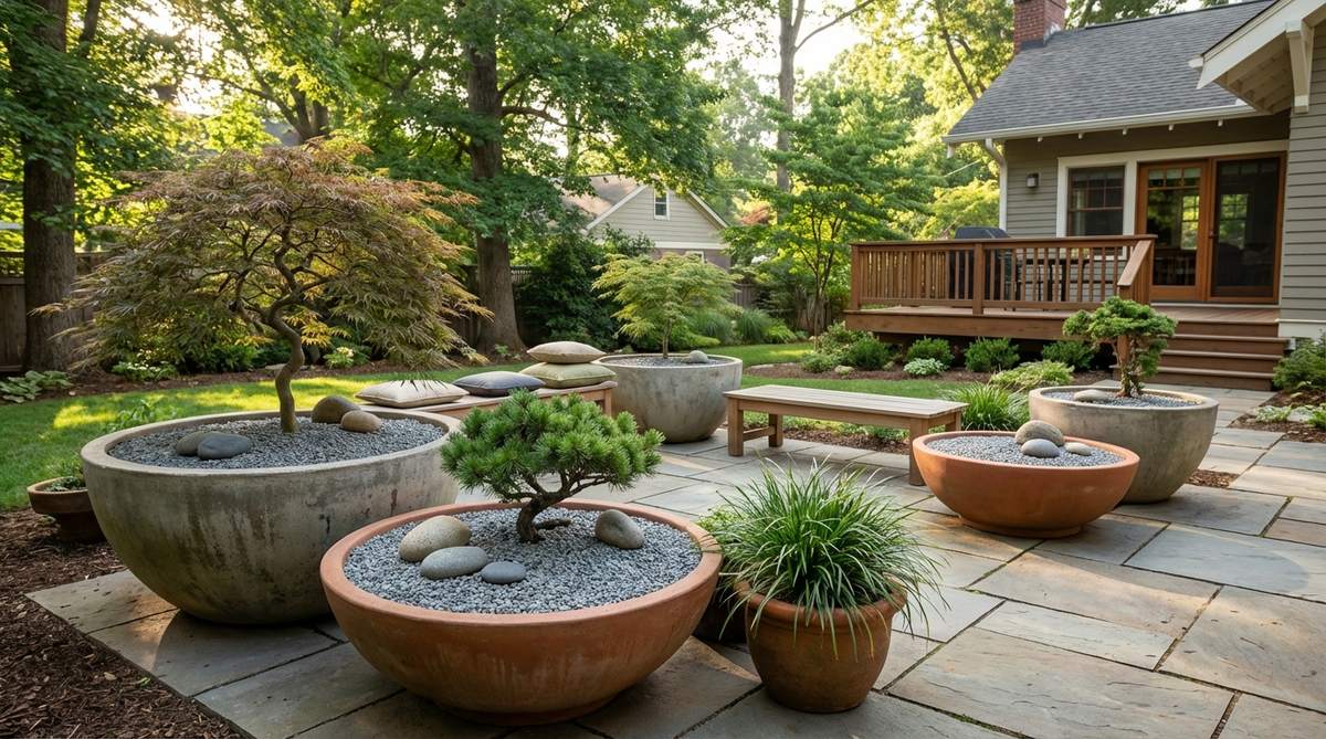 A minimalist container Zen garden on a patio, featuring large pots filled with gravel, rocks, and sculptural plants like dwarf conifers or Japanese maples, creating a serene and portable relaxation space.