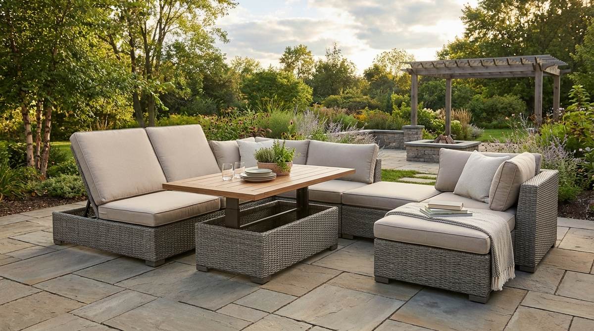 A convertible sectional sofa with adjustable backs that transforms from lounge to dining position, paired with a height-adjustable coffee table for outdoor patio use. Perfect for space-saving solutions and versatile entertaining.