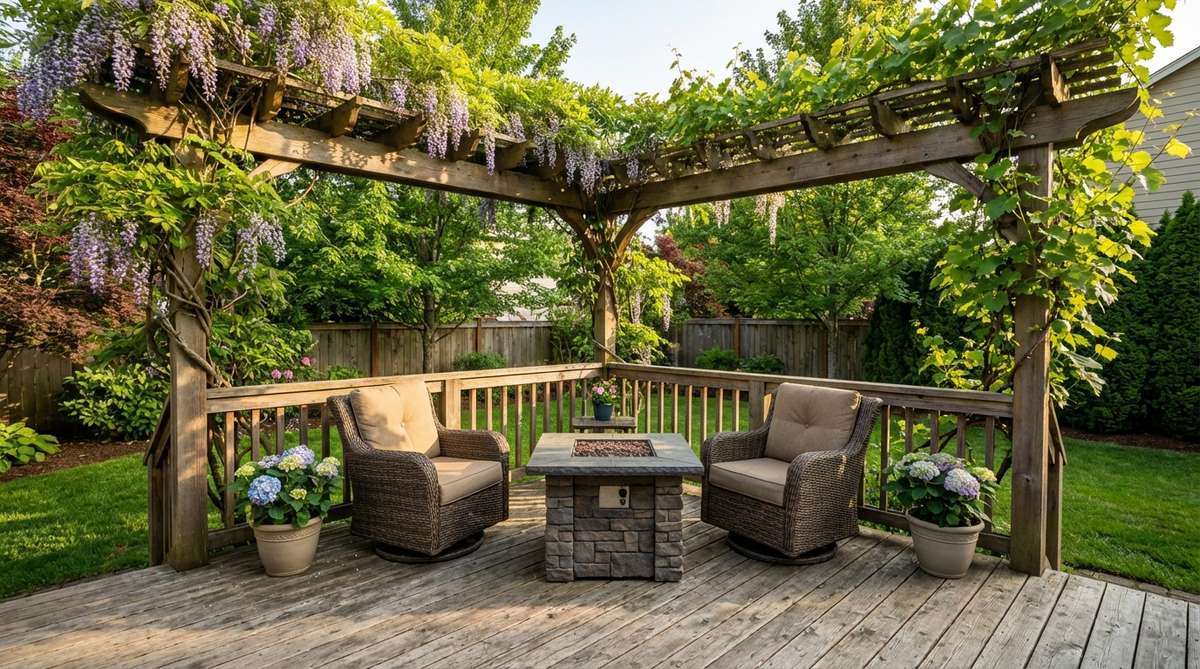 A corner pergola canopy installed over a small garden deck, creating a shaded seating area with climbing vines for seasonal greenery and shelter from the sun.