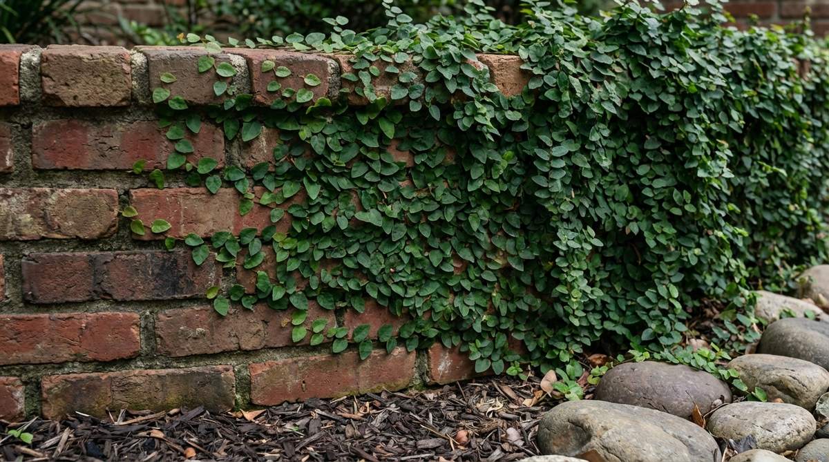 A close-up view of creeping fig vines trained along a stacked brick wall in a garden border, showcasing the small evergreen leaves and natural adherence to the vertical surface. The dense foliage creates a lush tapestry that conceals aging brick while adding texture to shaded garden areas.