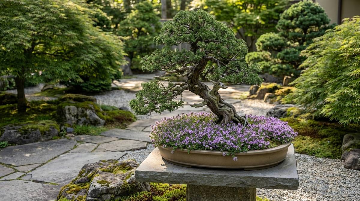 A bonsai tree planted in a wide shallow tray with creeping thyme ground cover surrounding its base. The thyme displays tiny purple flowers blooming in spring, creating a carpet-like effect on the soil surface. This setup mimics natural forest floors and complements the bonsai's aesthetic in a zen garden setting.