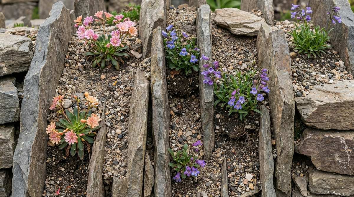 A close-up image showing vertical flat stones arranged to create narrow planting crevices, mimicking natural rock fissures. The crevices are filled with a lean, gritty soil mix, featuring alpine plants such as lewisia and penstemon thriving in the vertical orientation, which ensures perfect drainage and prevents water accumulation around plant crowns.