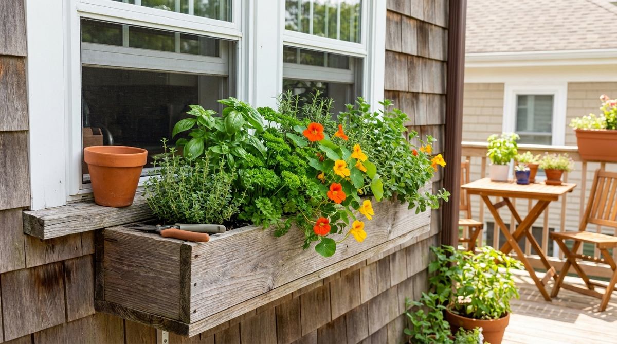 A vibrant window box filled with culinary herbs such as basil, parsley, thyme, and oregano, positioned for easy access near a kitchen. The arrangement includes edible nasturtium flowers for added color and flavor, showcasing a functional and beautiful balcony decor option that simplifies care with shared light and water needs.