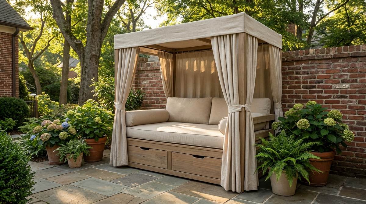 A compact upholstered daybed with an integrated canopy and storage drawers, perfect for creating private relaxation zones in small gardens. The canopy provides shade and privacy with adjustable curtains, while the storage drawers beneath the mattress platform offer space for pool towels, sunscreen, or entertainment devices. Positioned against a wall to conserve floor space or as a floating statement piece in larger patios, this daybed transforms open patios into intimate retreats.