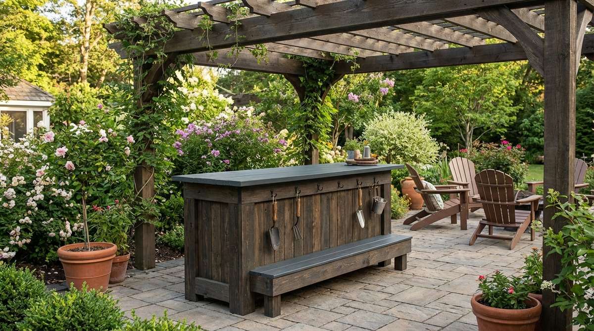 A rustic wooden outdoor bar made from weather-treated lumber, featuring a countertop workspace and lower storage shelf, painted to match garden furniture, with hooks for bar tools and positioned under a pergola for shade.