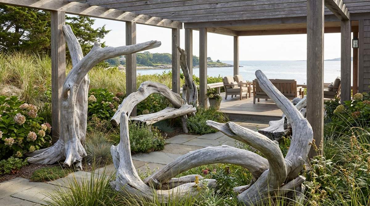 Abstract or figurative sculptures made from weathered driftwood, featuring bleached silver-gray tones and organic curves. Perfect for coastal or naturalistic garden themes, these sculptures can be displayed in protected outdoor areas or used as temporary seasonal installations.