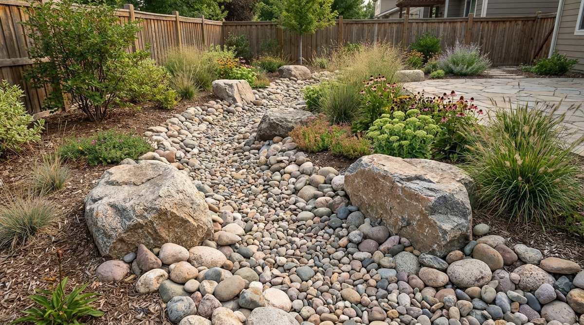 A curving dry stream bed made of river rocks, arranged to simulate a natural water course with boulders at curves and smaller cobbles in straight sections, enhancing garden decor with visual interest and drainage management.