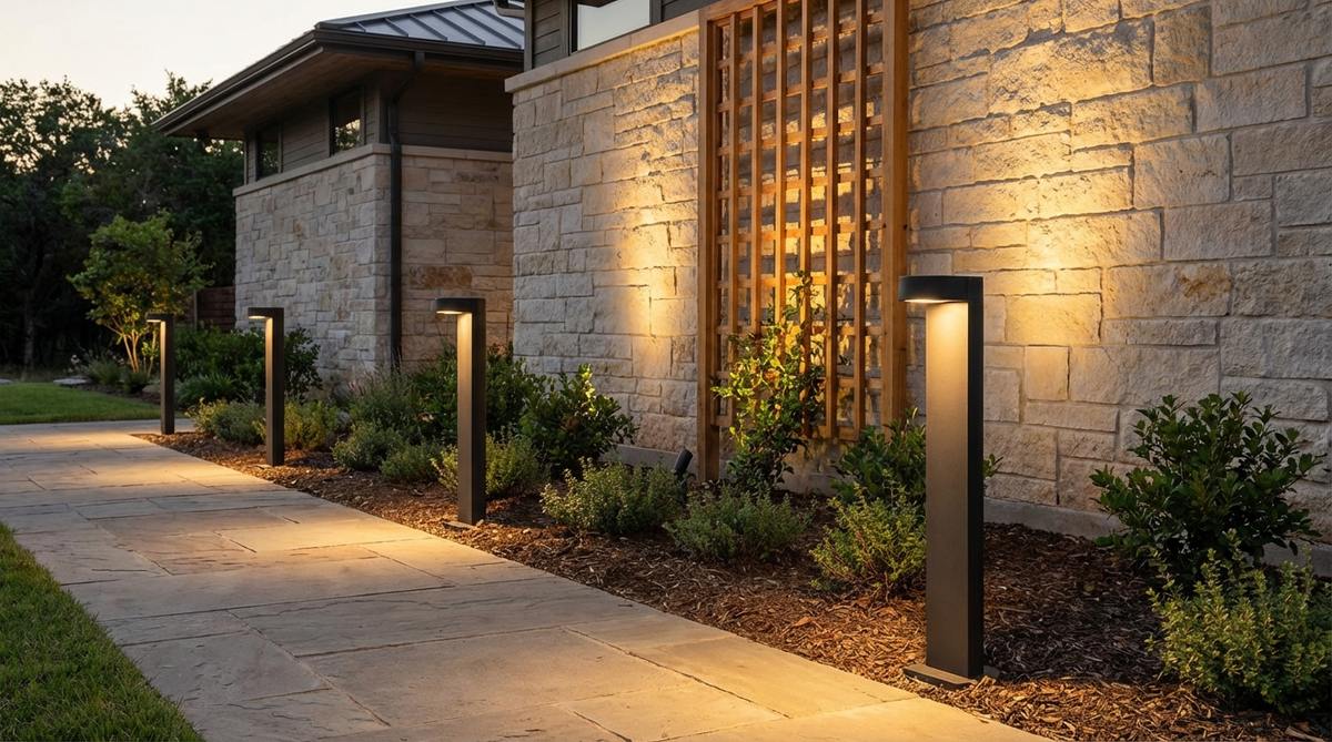 A modern garden lighting installation featuring dual-direction wall-grazing bollards with opposed horizontal apertures. The bollards cast light toward parallel surfaces, illuminating both the pathway on one side and the building wall on the other. Internal optics shape each beam independently for optimized coverage, providing an integrated lighting solution that eliminates the need for separate path and architectural fixtures. Positioned along building perimeters where pathways run parallel to walls, these bifunctional bollards reduce installation costs while delivering efficient illumination in space-constrained garden environments.