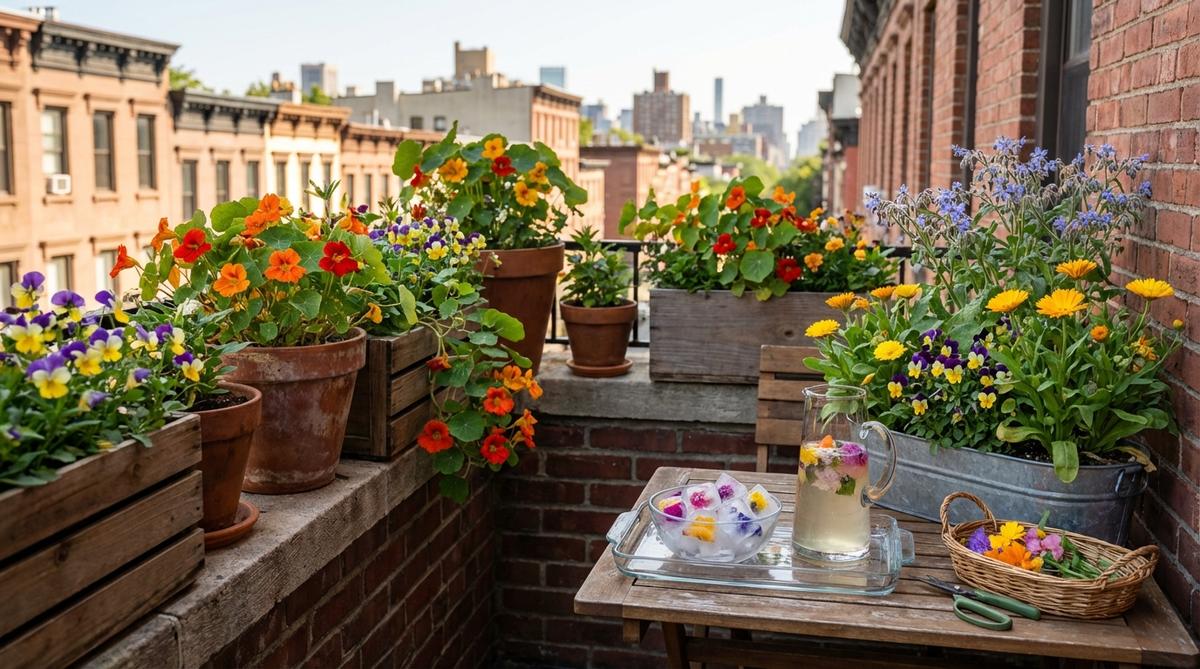 A vibrant balcony garden in NYC featuring mixed containers with edible flowers including nasturtiums, violas, calendula, and borage. The colorful arrangement shows flowers ready for harvesting, with some petals floating in ice cubes for cocktail garnishes. The scene illustrates how urban gardeners can grow edible flowers in limited spaces for culinary use.