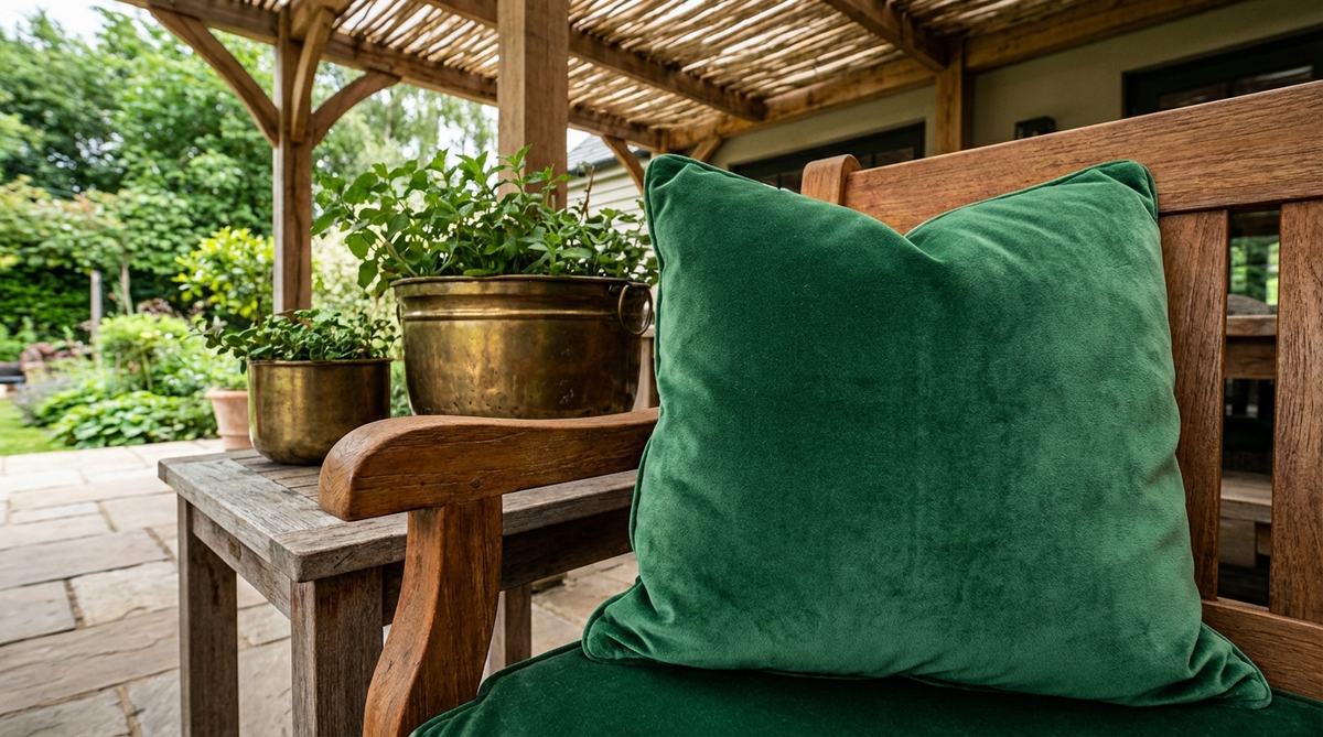 Close-up texture shot of an emerald green velvet boho decor pillow showing the luxurious pile that catches light and creates depth. The outdoor-grade velvet mimics lush foliage and pairs beautifully with brass planters and warm wood furniture in covered outdoor spaces.