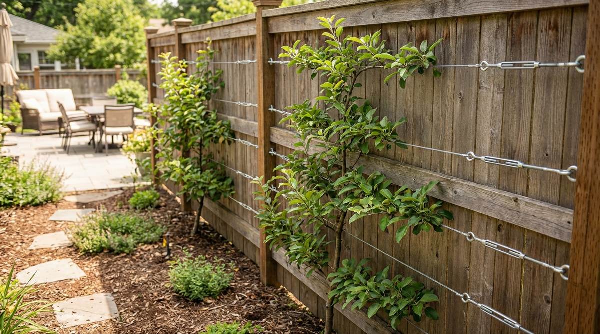A diagram showing a horizontal wire system installed on a wall or fence for training fruit trees or shrubs into flat, formal espalier patterns, with turnbuckles for tension and spaced at 12-18 inch intervals to save space in small gardens.