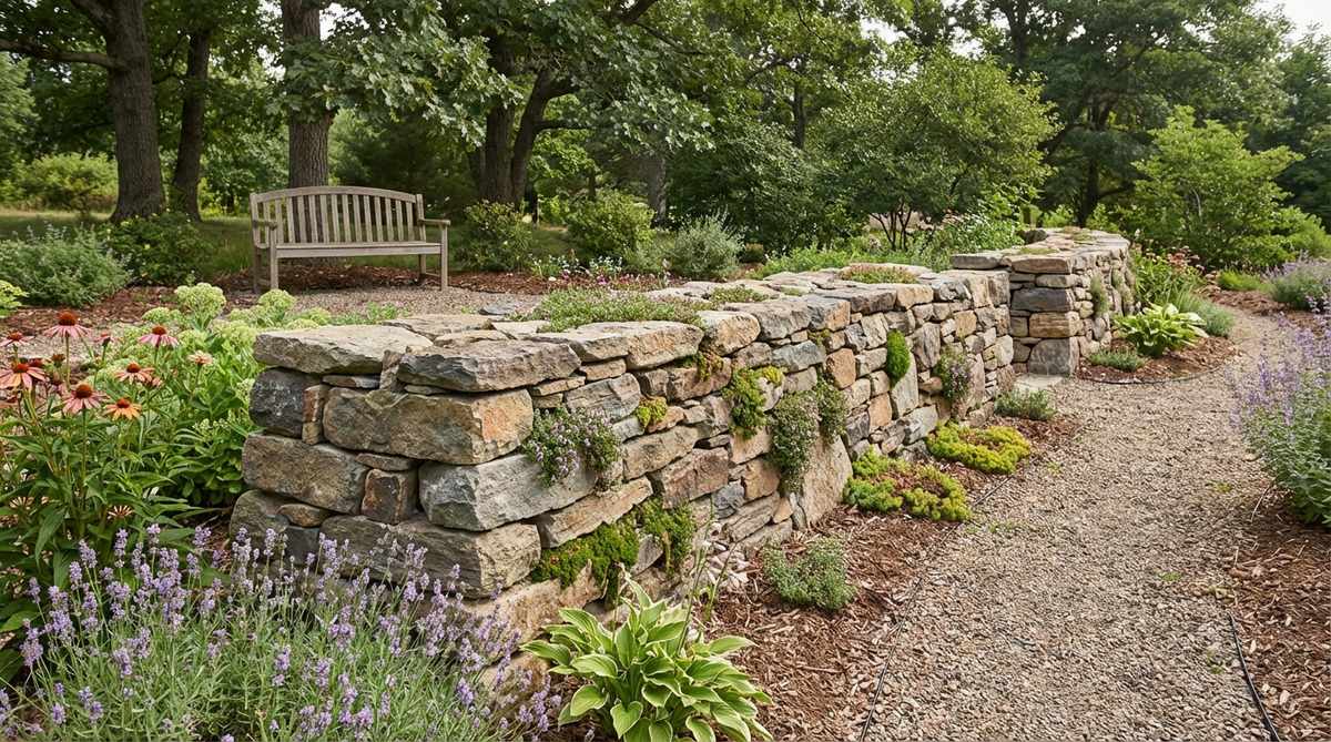 A rustic garden edging made of stacked fieldstones in earth tones like gray, brown, and tan, creating a low wall that blends naturally with surrounding plants. This dry-laid construction features irregular stones with gaps for creeping plants, ideal for cottage or woodland gardens, showcasing a timeless and organic design.