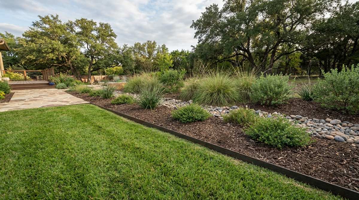 A contemporary garden bed with flush-grade steel edging installed vertically, showing the seamless transition between the garden bed and adjacent lawn. The steel strips are embedded 6 inches into the soil with top edges flush to the surrounding grade, preventing lawn mower damage while maintaining clean sightlines.