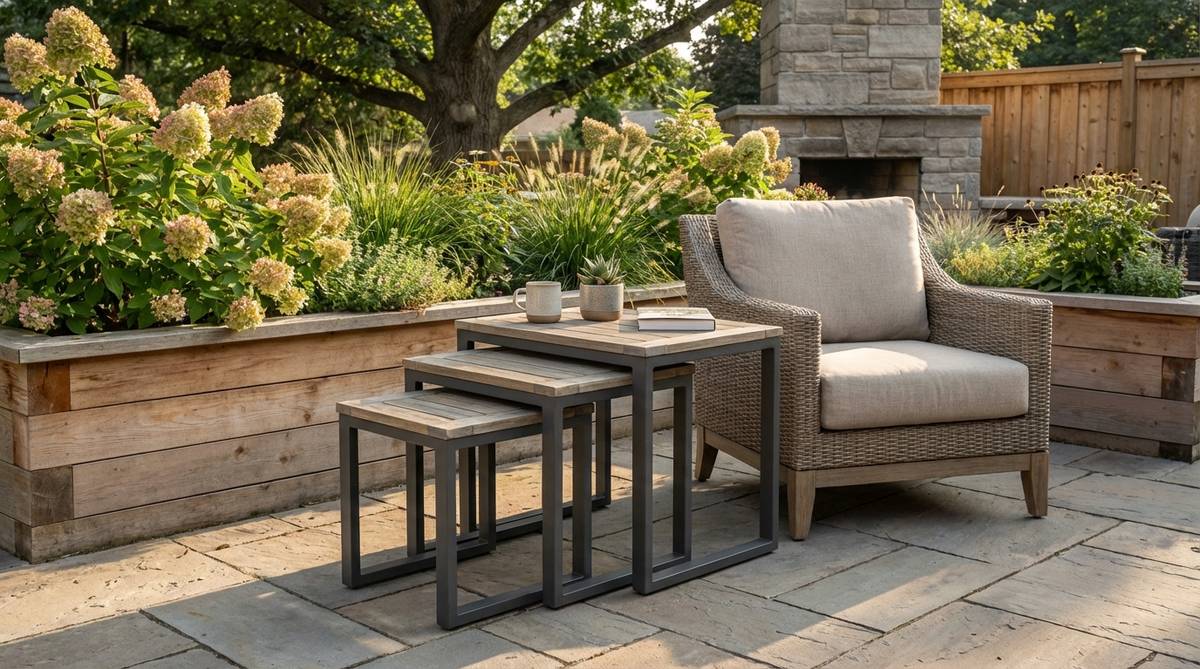 A folding furniture station in a cozy garden corner, featuring folding chairs and a collapsible table stored on wall hooks or in a storage chest, set up for instant seating while maintaining an open pathway.