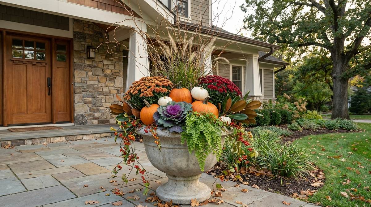 A sophisticated autumn landscape statement featuring a large concrete or stone urn filled with a layered composition. Includes vertical branches, fallen branches, ornamental grasses, curly willow, medium pumpkins, potted mums, ornamental kale, cascading ferns, bittersweet vines, and magnolia leaves, ideal for front entries or patio focal points.